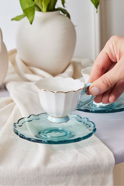 Karaca Samo 2-Person Turquoise Coffee Cup Set with Acrylic Plate 90 Ml