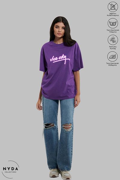 Nyda Collections Μπλουζάκι Vice City Printed Unisex Cotton Oversize - Crew Neck, κοντό μανίκι