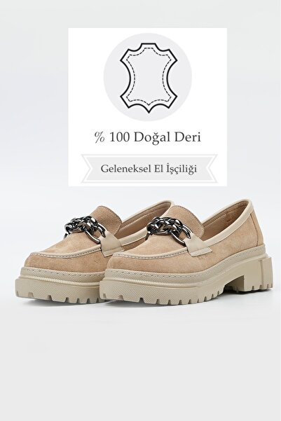 TUNAELLİ KADIN BEJ SÜET HAKİKİ DOĞAL DERİ 35-41 NUMARA CASUAL LOAFER AYAKKABI