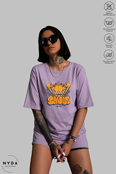 Nyda Collections تي شيرت قطني كبير الحجم مطبوع للجنسين من Garfield Smile - رق...