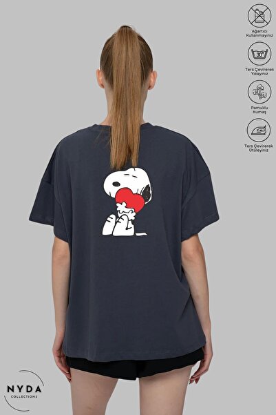 Nyda Collections Unisex Bisiklet Yaka Snoopy Baskılı Pamuk Oversize Kısa Koll...
