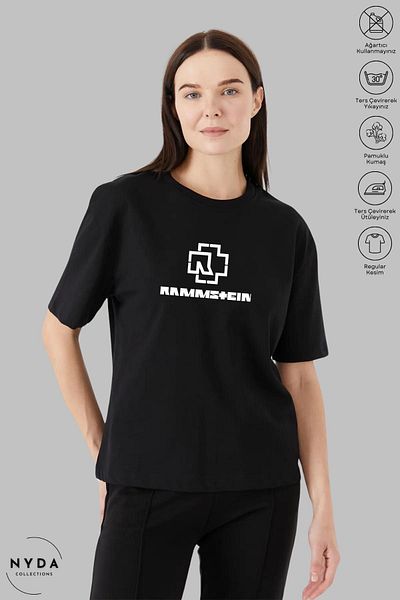 Nyda Collections Tricou cu mânecă scurtă cu imprimeu Rammstein, unisex, cu gât crew, bumbac