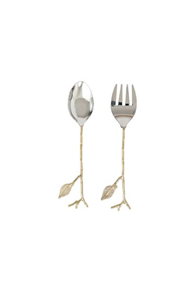 Karaca Home Leaf Gold Spoon and Fork Salad Serving Set