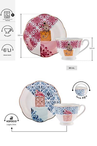 Karaca Std Madagascar 6-Person Coffee Cup Set - 80 ml Classic