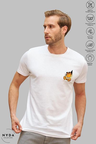 Nyda Collections Tricou unisex cu mânecă scurtă cu imprimeu Garfield, bumbac, cu decolteu triplu