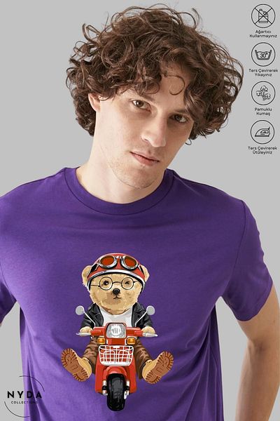 Nyda Collections Μπλουζάκι Unisex Crew Neck Motor Teddy Bear με εμπριμέ βαμβακερό κοντομάνικο μπλουζάκι