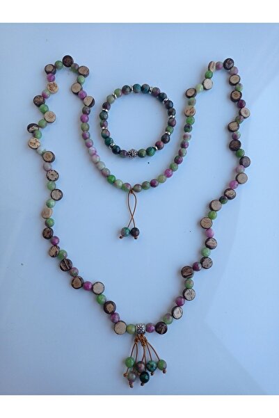PİRAMİGO Krizopras Zoisit Coconut Beads 108'li Mala Kolye ve Bileklik Seti Ti...