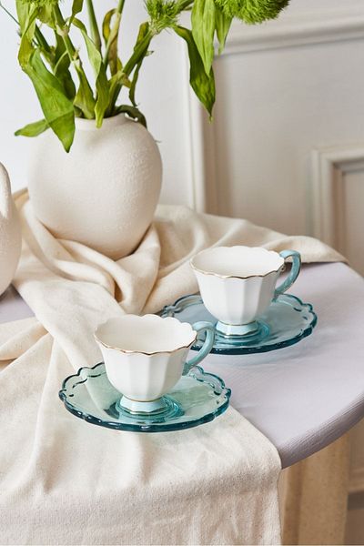 Karaca Samo 2-Person Turquoise Coffee Cup Set with Acrylic Plate 90 Ml