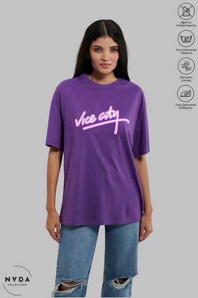 Nyda Collections Μπλουζάκι Vice City Printed Unisex Cotton Oversize - Crew Neck, κοντό μανίκι