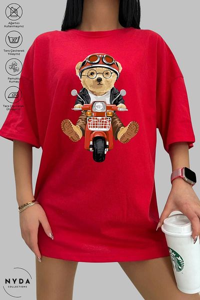 Nyda Collections Unisex Crew Neck Motor Teddy Bear Printed Cotton Oversize Short Sleeve T-Shirt