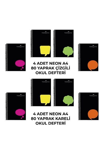 Faber Castell Spiral Plastic Cover Neon 80 Sheets 8-Piece Notebook Set (4 Pieces Lined - 4 Pieces Checkered)