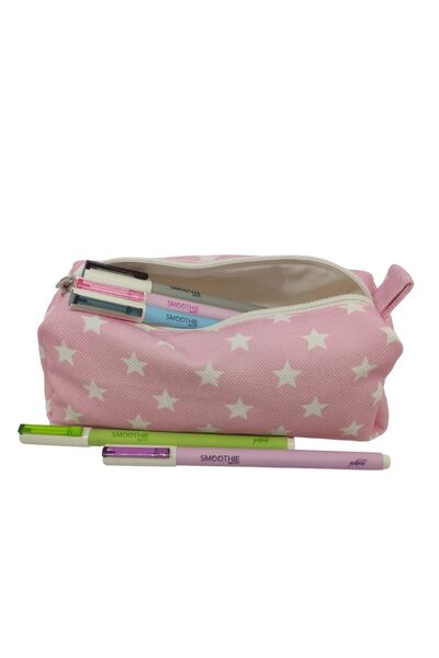 FİYPER Pembe Yıldız Desenli Astarlı Yıkanabilir Bez Kalemlik Kalem Kutusu Makyaj Çantası