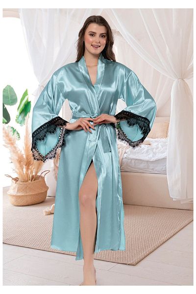 FAAL Rochie lungă kimono cu dantelă din satin, verde mentă 5903