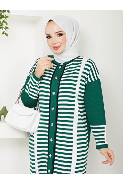 Miraystyle Tam Boy Çizgili Merserize Soğuk İplik Hırka