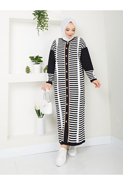 Miraystyle Tam Boy Çizgili Merserize Soğuk İplik Hırka