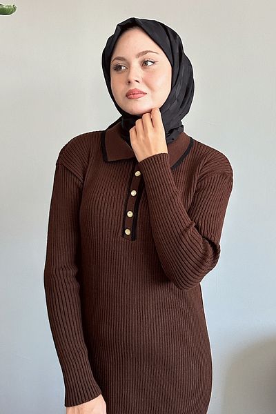 InStyle Πλεκτό Πικρό Καφέ Φόρεμα - Ριμπ Γιακά