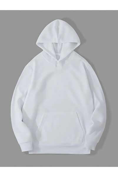 Harmandar Hanorac alb unisex cu glugă - trei fire, buzunar cangur