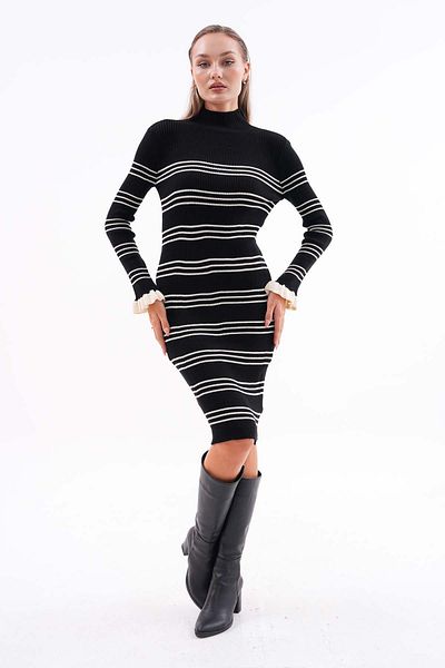 ŞİMAL Women's Stripe Patterned Half Fisherman Knitwear Knitted Long Dress 245166   -