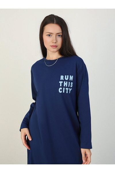 Benin Navy Blue Oversize Knitted Hijab Dress - Print Detailed, Benin