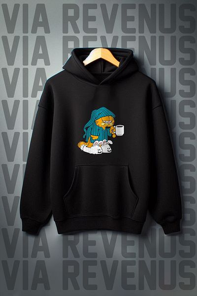 Vordevia Garfield Printed Sleepy Kangaroo Pocket Oversize Hooded Sweatshirt - 3 Thread Raster