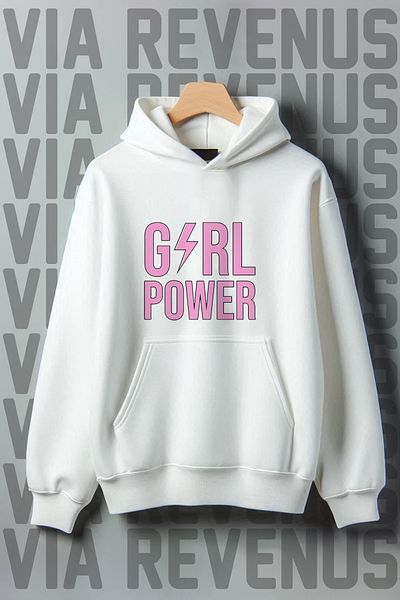 Vordevia Girl Power Printed Oversize Hooded Sweatshirt - Kangaroo Pocket, 3 Thread Raster