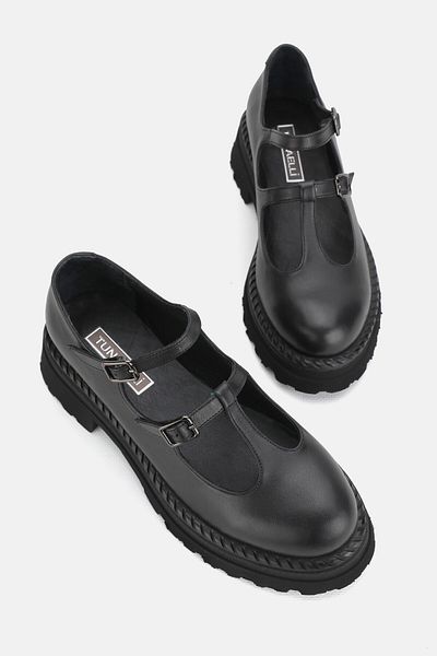 TUNAELLİ Black Genuine Leather - Double Banded Buckle Women's Shoes