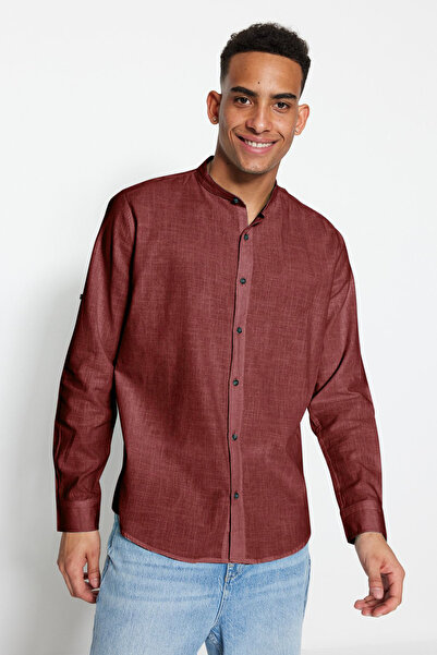 Trendyol Collection Burgundy Basic Judge Collar Epaulette Slim Fit Long Sleeve Shirt Tmnss20Go0188