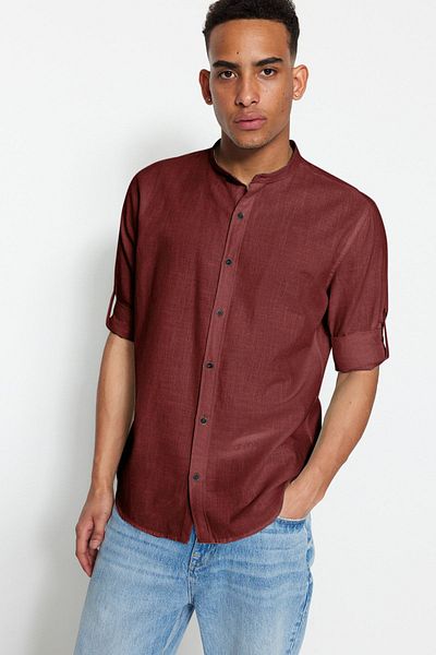 Trendyol Collection Κυρίαρχο γιακά Slim Fit Claret Red Shirt - Μακρυμάνικο με Επωμίδες TMNSS20GO0188