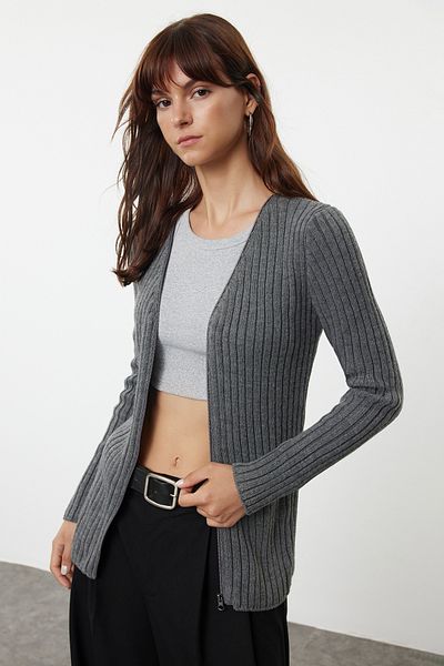 Trendyol Collection Corded Knitwear Anthracite Cardigan - Zippered, Twoaw25Hi00149