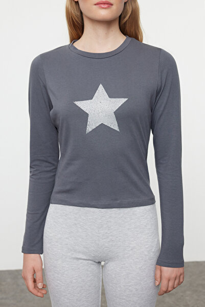 Trendyol Collection Elastická bavlněná halenka s výstřihem – antracitová TWOAW25BZ00106