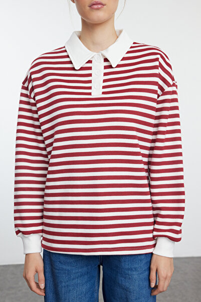Trendyol Collection Polo Collar Claret Red Striped Oversize Sweatshirt - Thick Fleece Inside TWOAW24SW00344