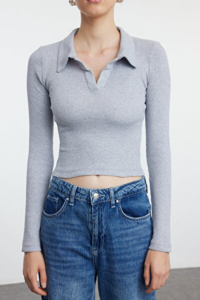 Trendyol Collection Stretchy Corded Gray Polo Neck Knitted Blouse - Fitted on the Body, Melange TWOAW25BZ00083