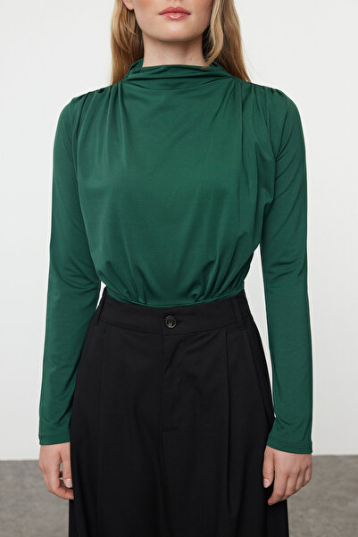 Trendyol Collection Rugalmas smaragdzöld függöny részletesen összegyűjtött body - állógallér, patentos rögzítő Twoaw25bd00010