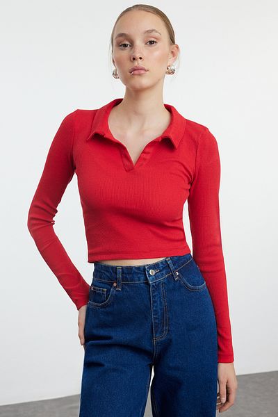Trendyol Collection Stretchy Corded Red Polo Neck Blouse - Fitting on the Body, TWOAW25BZ00083