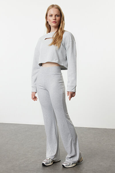 Trendyol Collection Šedá Melange Široká noha/Spanish Leg Vysoký pas Interlock Strečové pletené kalhoty TWOAW25PL00006
