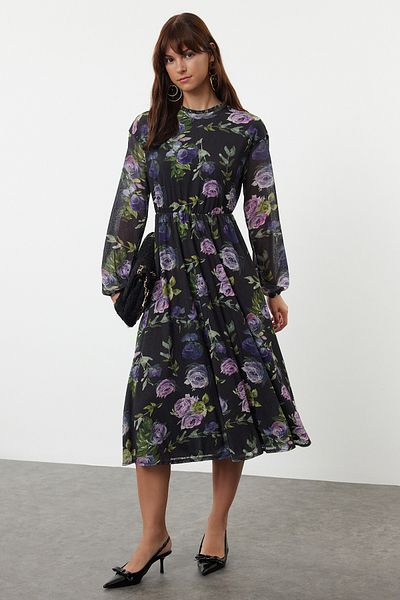 Trendyol Collection Flexible Stand Collar Foam Skater Dress - Multicolor Floral Print, TWOAW25EL00212