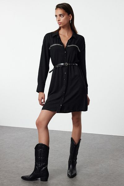 Trendyol Collection Trok Detailed Black Mini Shirt Dress - Páskové, tkané Twoaw25el00371