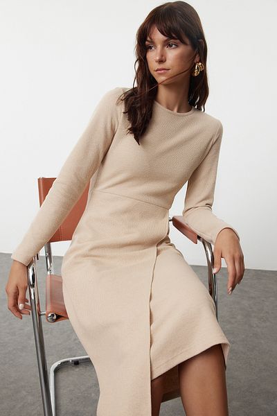 Trendyol Collection Μπεζ Stretch Πλεκτό Φόρεμα MiDi - Σκέτο Θεσσαλονίκη Τυλιχτό TWOAW25EL00406