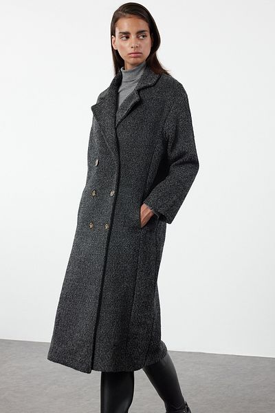 Trendyol Collection Długi antracytowy płaszcz Boucle - Regular Fit Twoaw25kb00034