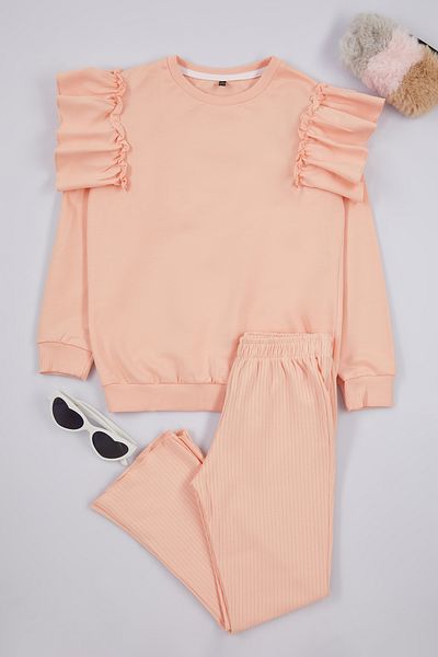 TRENDYOLKIDS Cotton Salmon Slogan Top and Bottom Set - Tkdaw25Au00005