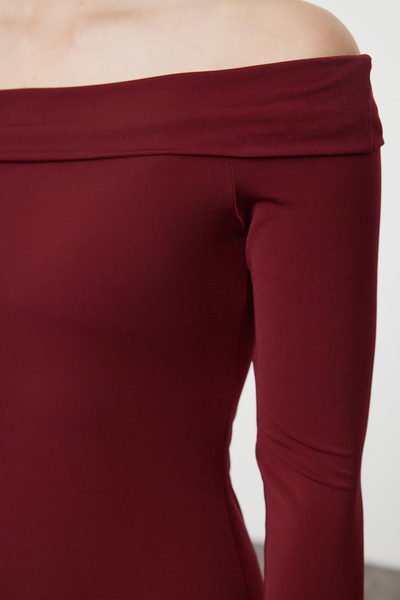 Trendyol Collection Flexible Maxi Knitted Dress - Claret Red Color Block, Carmen Collar, Body Fitting TWOAW25EL00221