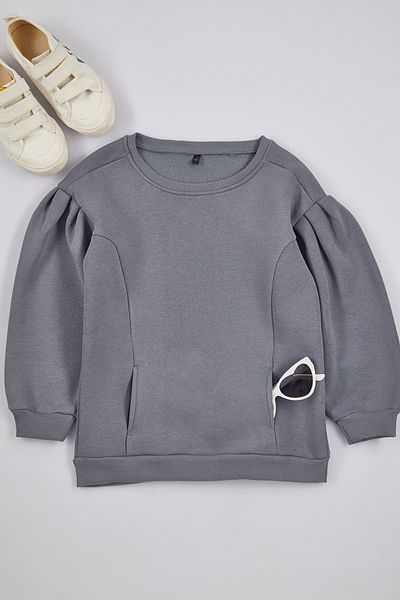 TRENDYOLKIDS Hanorac tricotat din bumbac Indigo pentru fete - mâneci adunate și buzunare TKDAW25SW00025