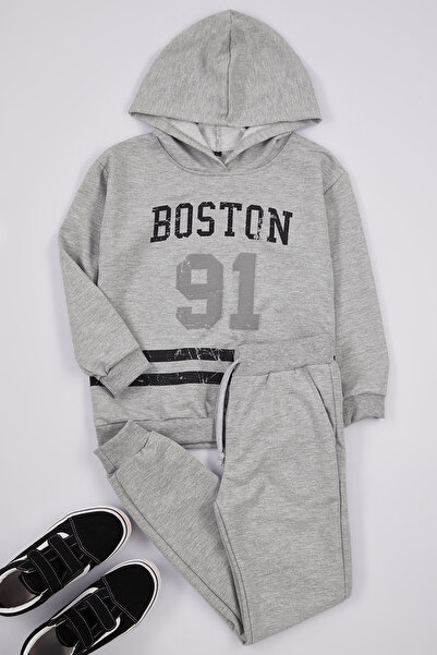 TRENDYOLKIDS Chlapecký bavlněný oblek Grey Melange Slogan - Tkdaw25Au00036