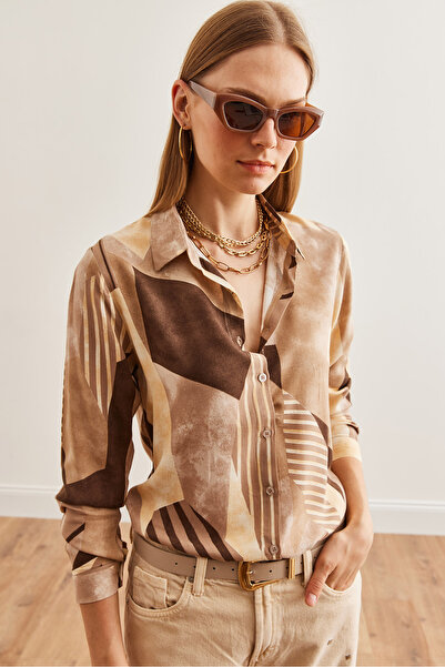 Olalook Kadın Geometrik Kahve Dokuma Viskon Uzun Kollu Dökümlü Gömlek GML-19001234