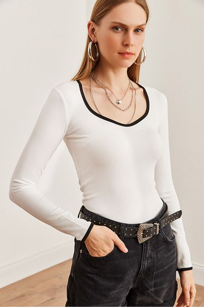 Olalook Λευκή ριγέ εύκαμπτη γυναικεία μπλούζα - Pool Collar Blz- 19002714