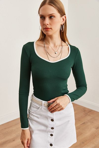 Olalook Emerald Green Flexible Pool Collar Blouse - Stripe Detailed Blz- 19002714