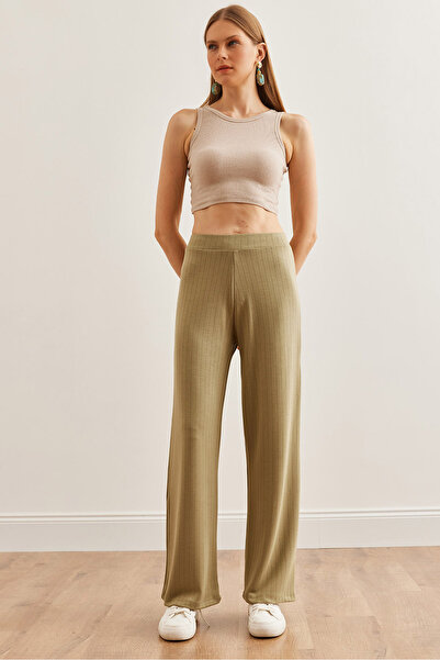 Olalook Kadın Su Yeşili Kalın Fitilli Modal Tuşeli Palazzo Pantolon PNT-19000288