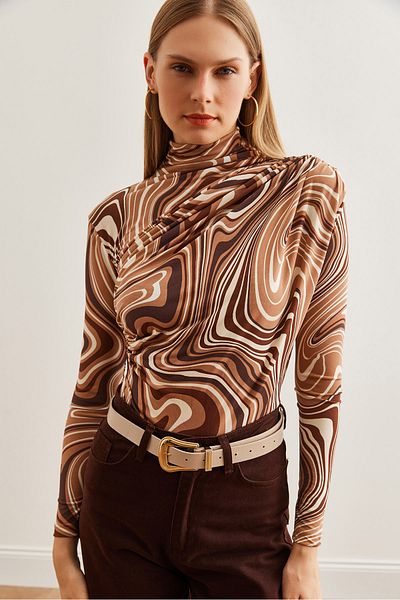 Olalook Women's Drape Detailed Brown Cream Blouse - Blz- 19002712