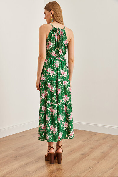 Olalook Zeleno-růžové šaty s ohlávkou a krkem Viscon Belted - ELB- 19001548