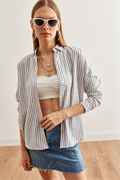 Olalook Saks kék denevér csíkos túlméretezett len ​​női ing - Gml- 19001235